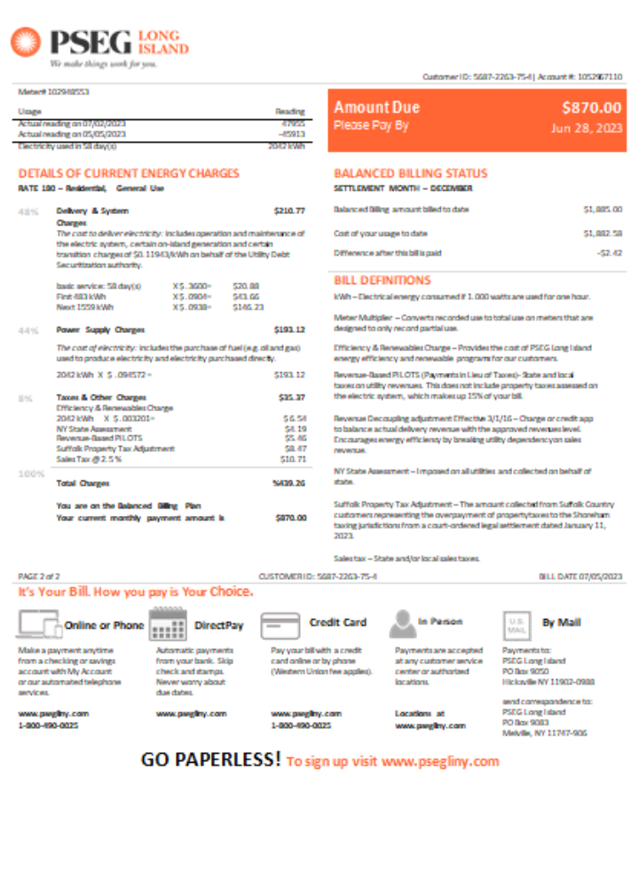 New Jersey PSEG electricity utility bill, SCR, page 2 PSD template